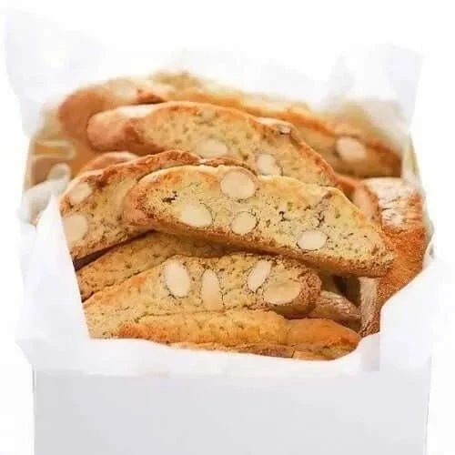 Sweet almond biscotti in a paper-lined box