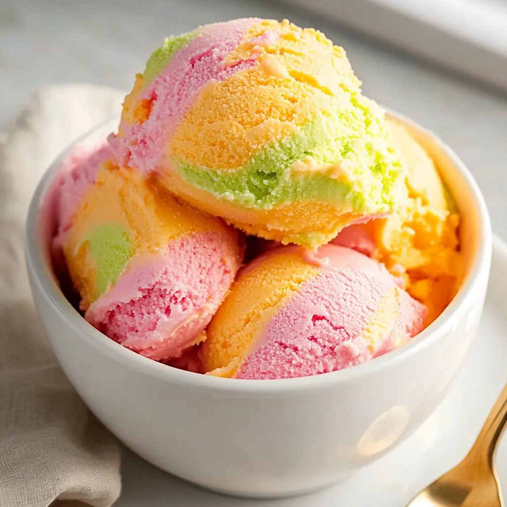 Scoops of rainbow sherbet in a white bowl